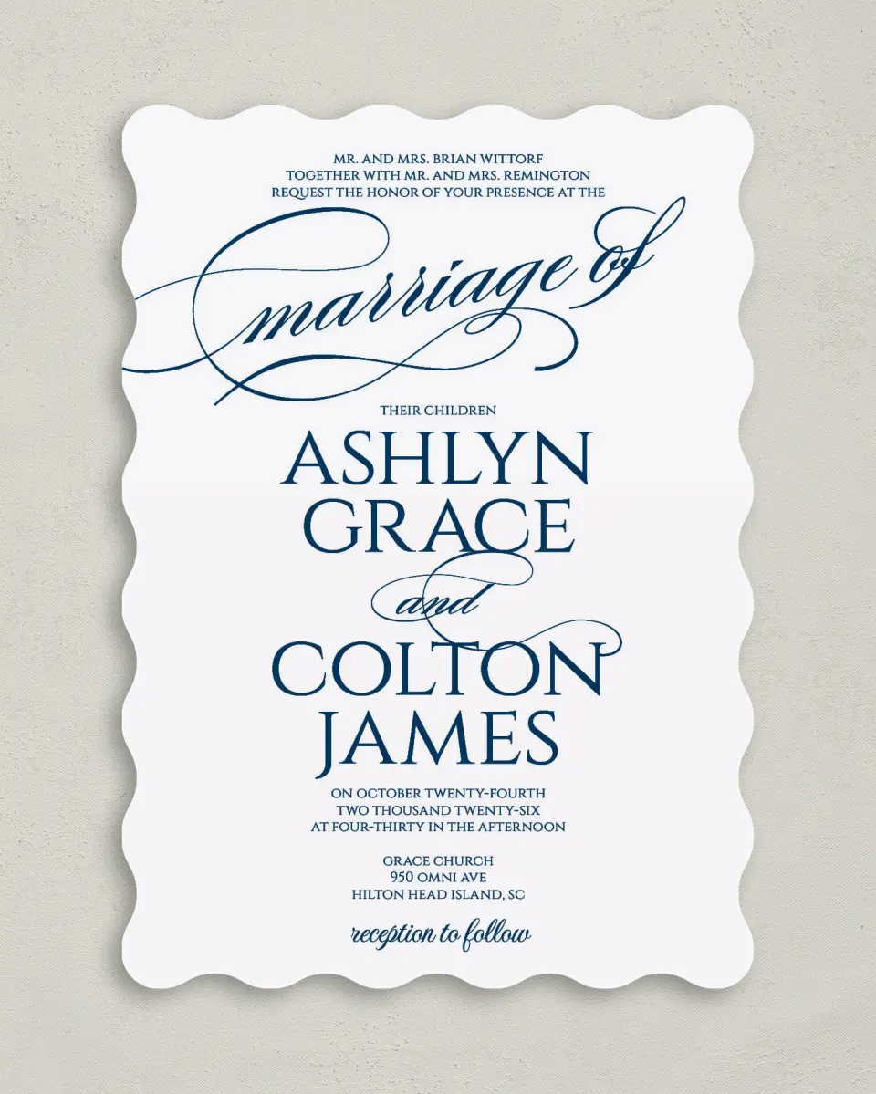 This is a 5" x 7" Wavy Wedding Invitation called Glam District printed in full color on Premium Smooth paper
