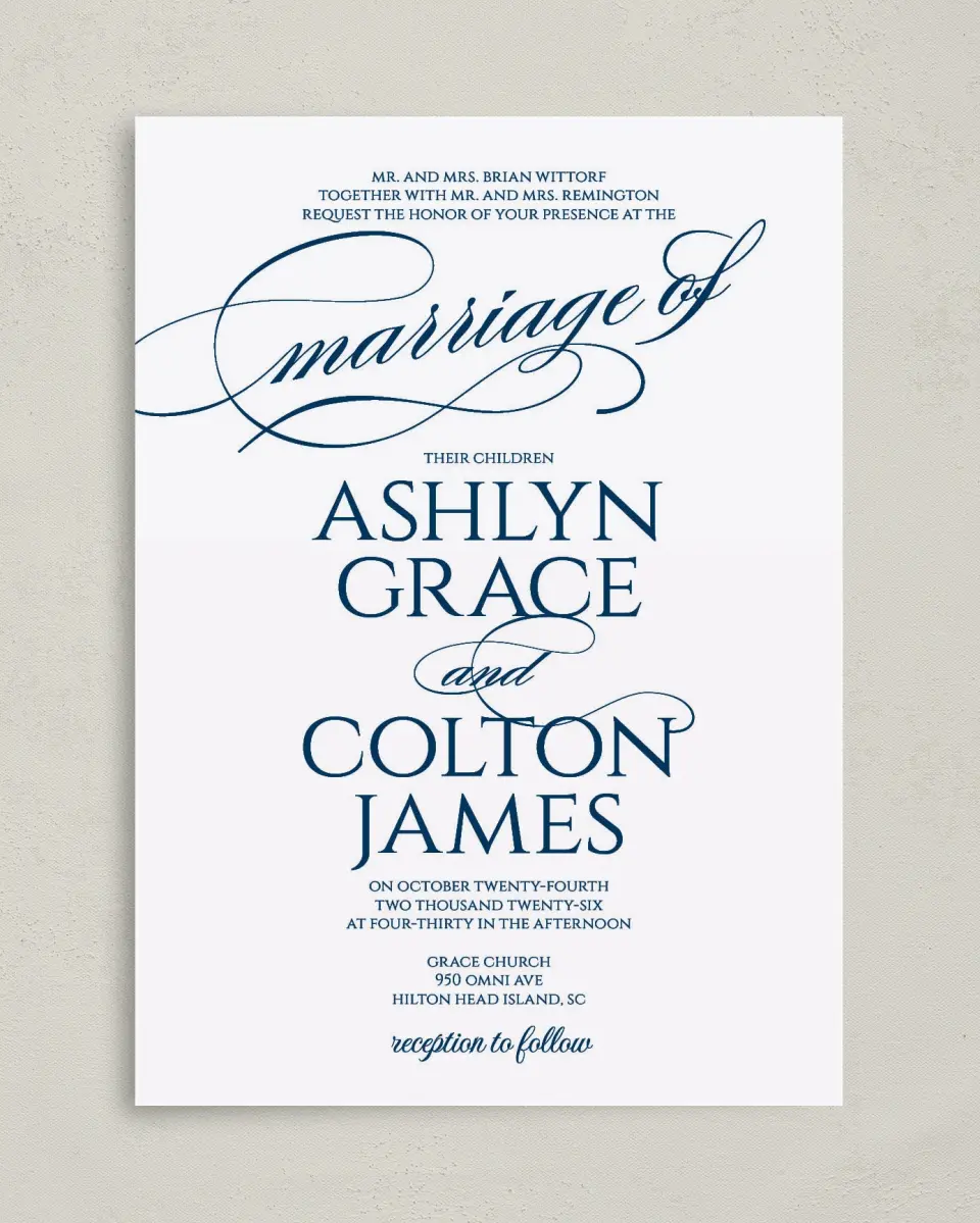 This is a 5" x 7" Classic Wedding Invitation called Glam District printed in full color on Premium Smooth paper