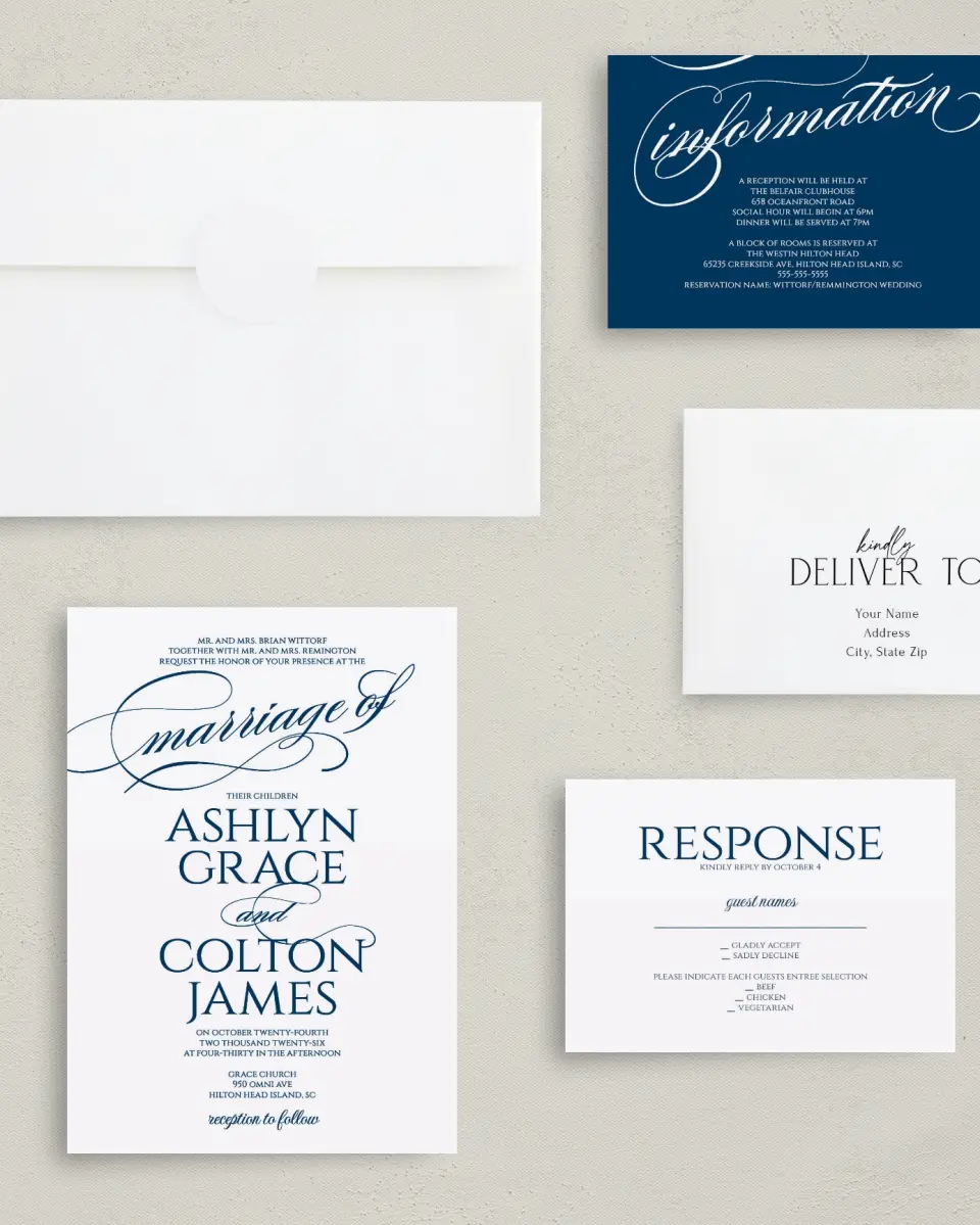 This is a 5" x 7" Classic Wedding Invitation called Glam District printed in full color with Gold foil on Luxe Satin (coated) paper