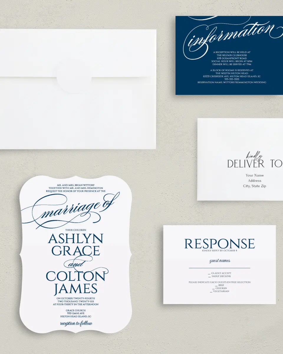 This is a 5" x 7" Bracket Wedding Invitation called Glam District printed in full color with Silver foil on Luxe Satin (coated) paper