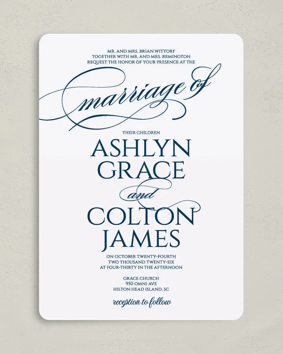 This is a 5" x 7" Rounded Wedding Invitation called Glam District printed in full color on Premium Smooth paper