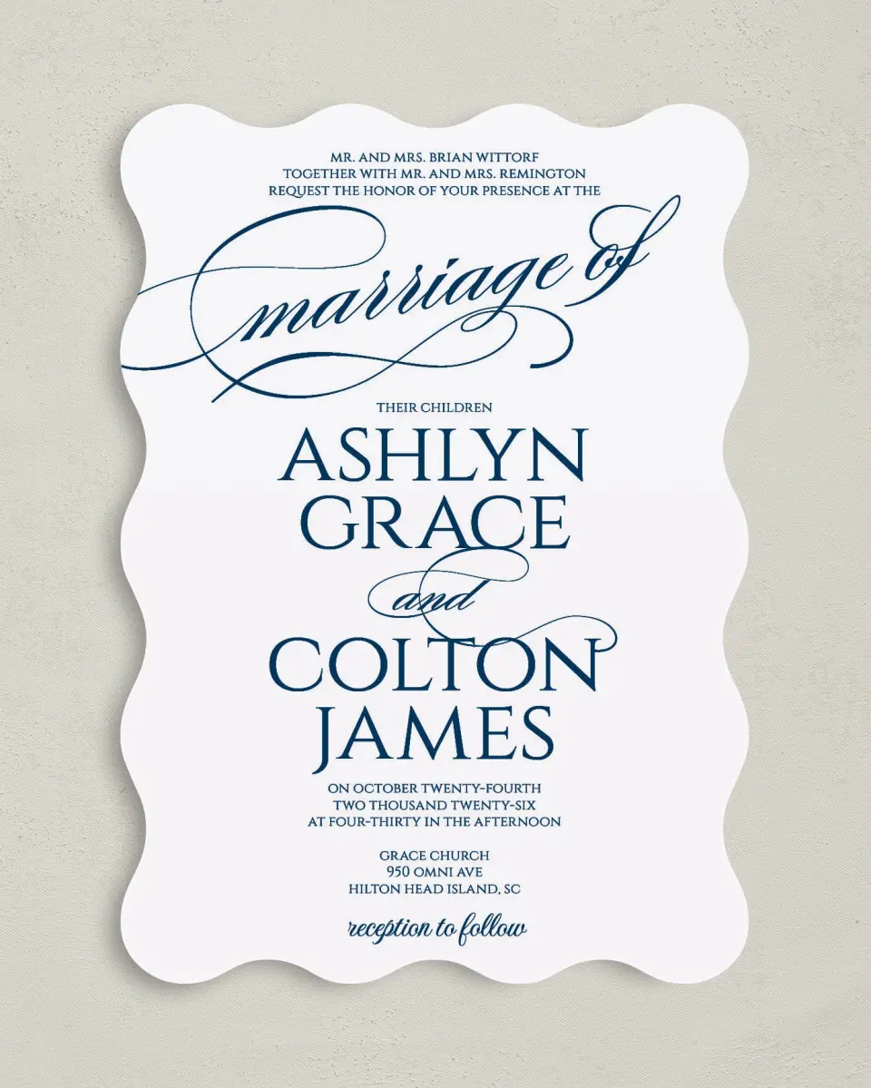 This is a 5" x 7" Wavy Wedding Invitation called Glam District printed in full color on Premium Smooth paper
