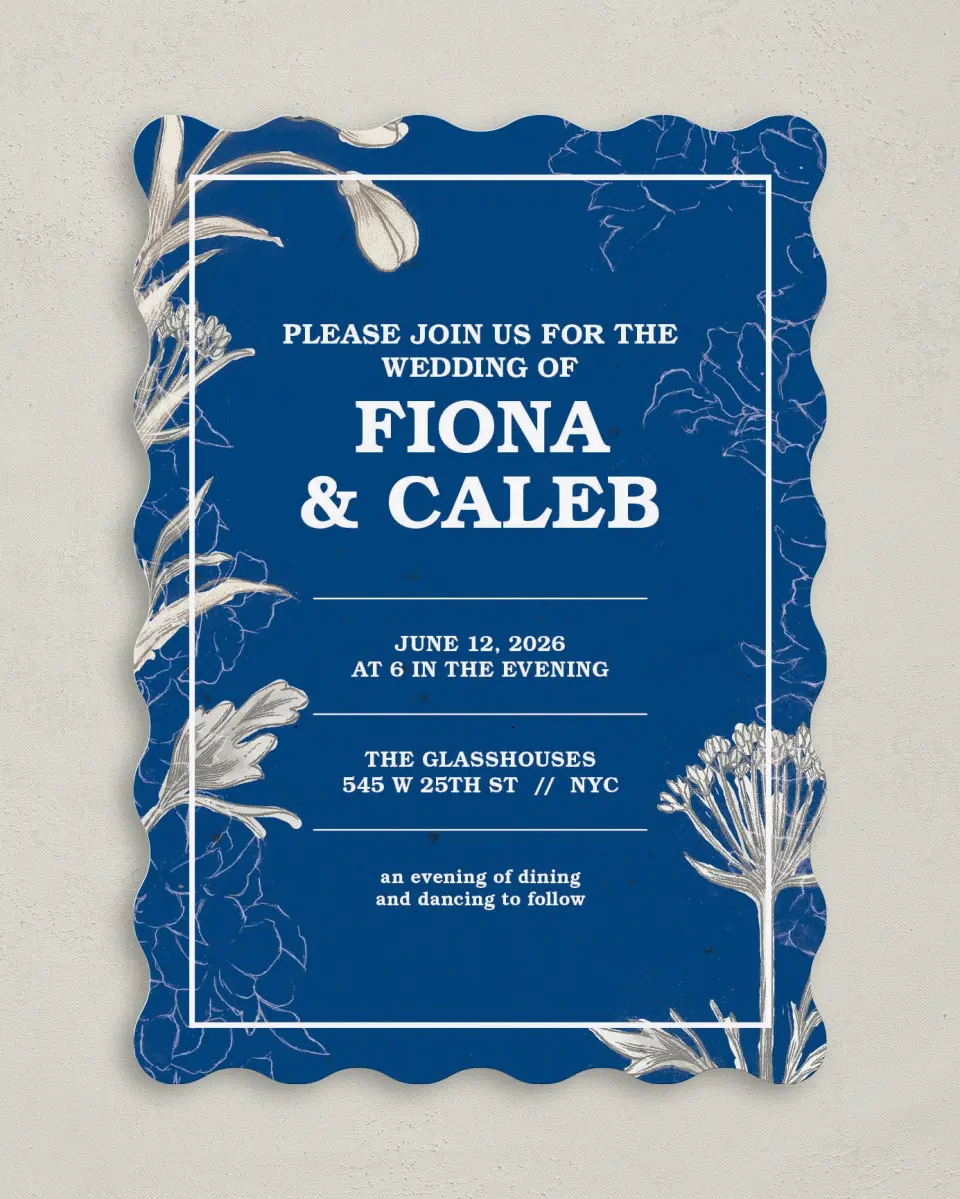 This is a 5" x 7" Wavy Wedding Invitation called Romantic Meadow printed in full color on Premium Smooth paper