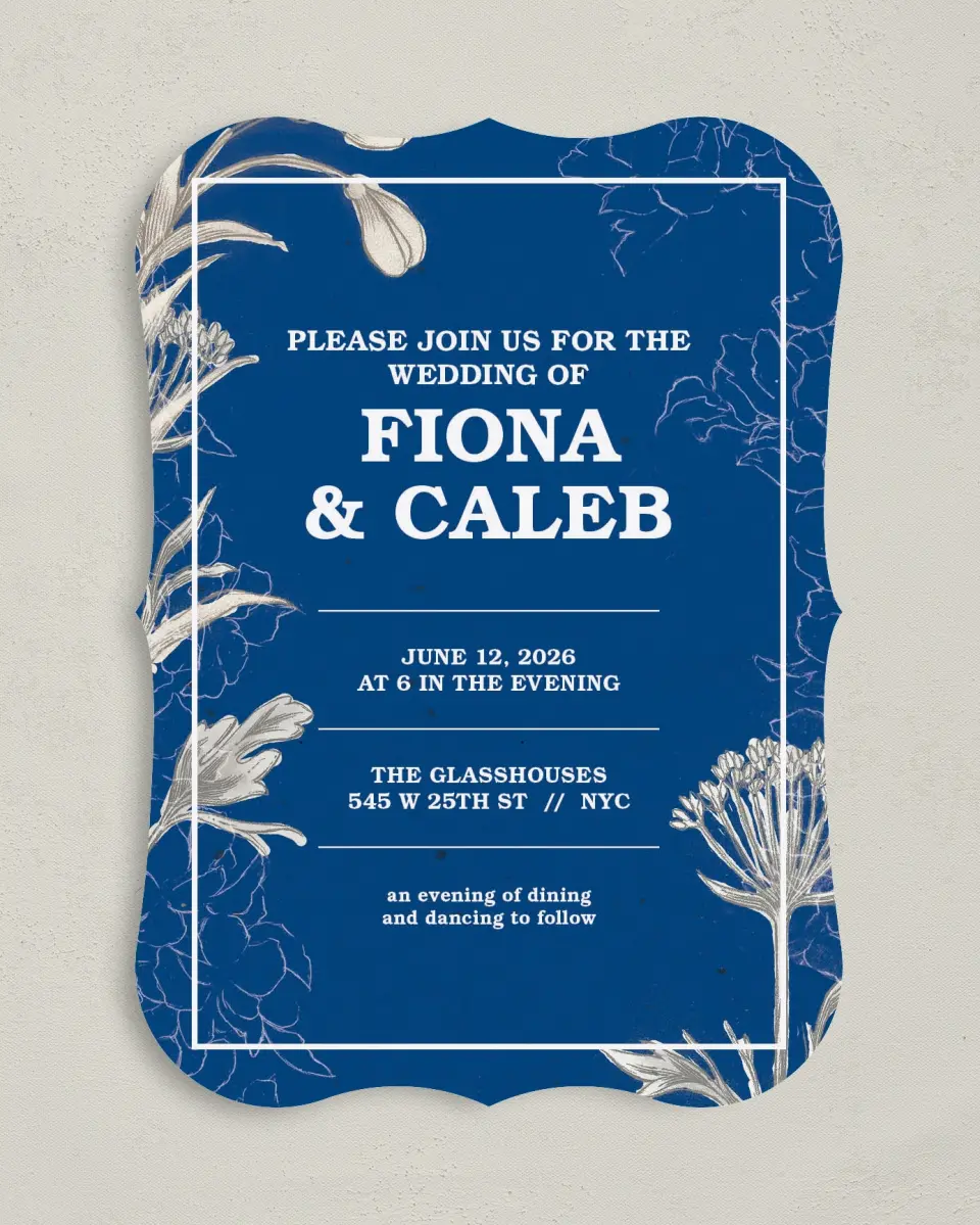 This is a 5" x 7" Bracket Wedding Invitation called Romantic Meadow printed in full color on Premium Smooth paper
