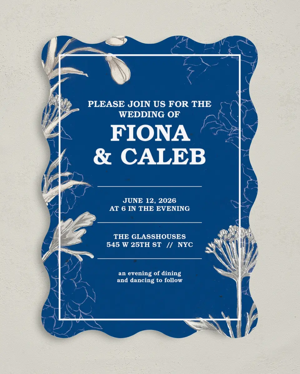 This is a 5" x 7" Wavy Wedding Invitation called Romantic Meadow printed in full color on Premium Smooth paper