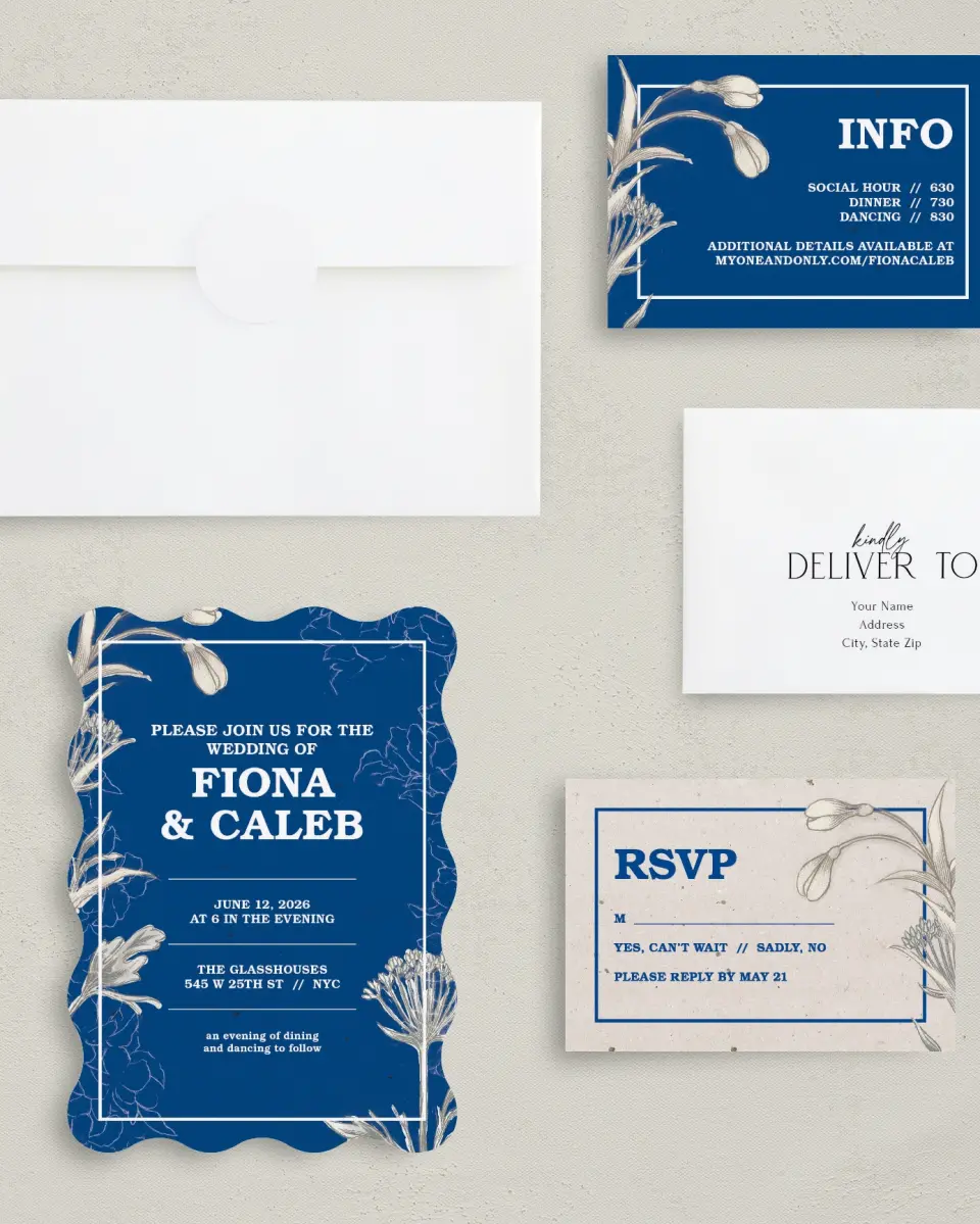 This is a 5" x 7" Wavy Wedding Invitation called Romantic Meadow printed in full color with Gold foil on Luxe Satin (coated) paper