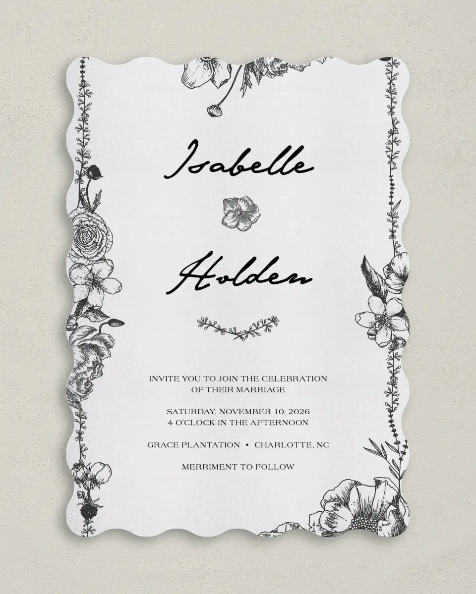 This is a 5" x 7" Wavy Wedding Invitation called Love in Bloom printed in full color on Premium Smooth paper