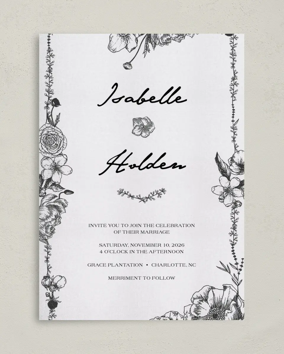 This is a 5" x 7" Classic Wedding Invitation called Love in Bloom printed in full color on Premium Smooth paper