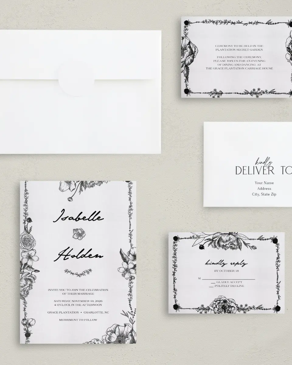 This is a 5" x 7" Classic Wedding Invitation called Love in Bloom printed in full color on Premium Smooth paper