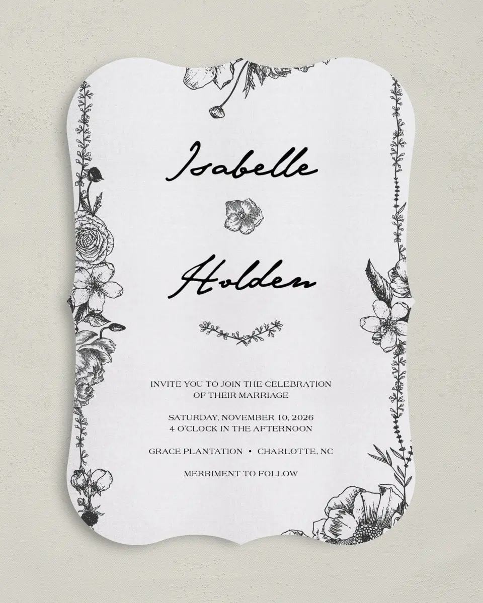 This is a 5" x 7" Bracket Wedding Invitation called Love in Bloom printed in full color on Premium Smooth paper