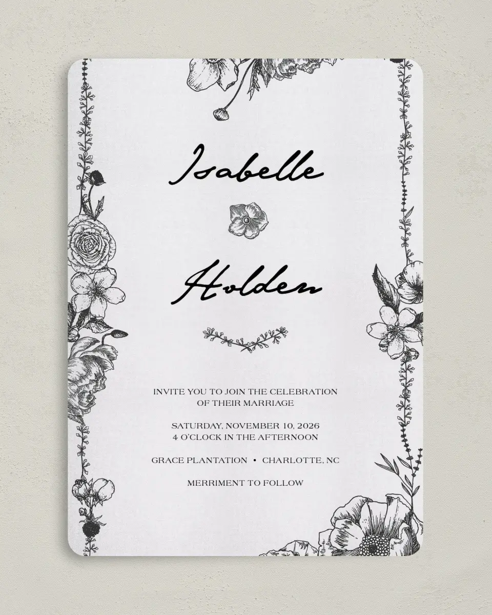 This is a 5" x 7" Rounded Wedding Invitation called Love in Bloom printed in full color on Premium Smooth paper