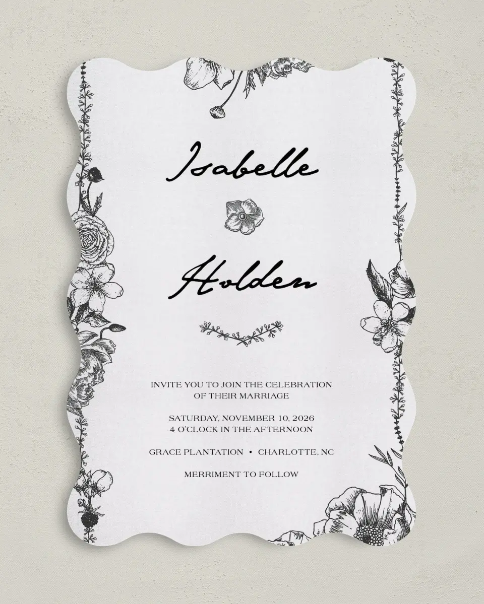This is a 5" x 7" Wavy Wedding Invitation called Love in Bloom printed in full color on Premium Smooth paper