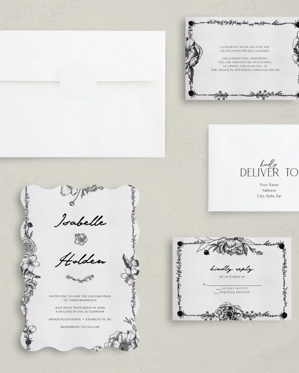 This is a 5" x 7" Wavy Wedding Invitation called Love in Bloom printed in full color on Premium Smooth paper