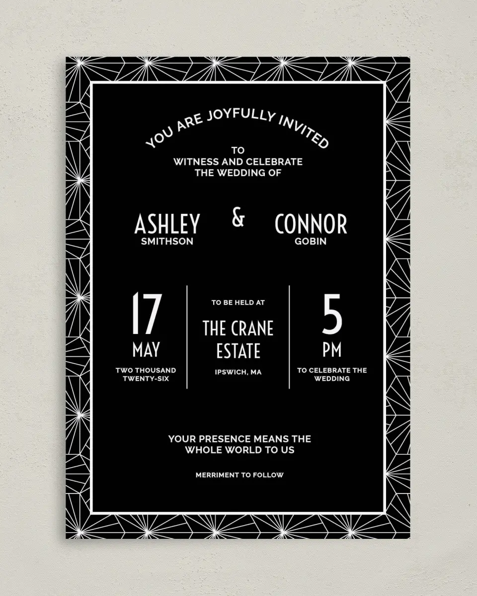 This is a 5" x 7" Classic Wedding Invitation called Ascot Chic printed in full color on Premium Smooth paper