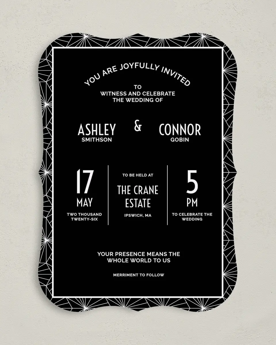 This is a 5" x 7" Bracket Wedding Invitation called Ascot Chic printed in full color with Silver foil on Luxe Satin (coated) paper