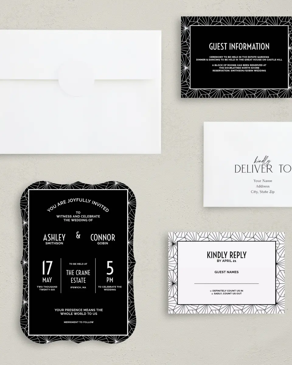 This is a 5" x 7" Bracket Wedding Invitation called Ascot Chic printed in full color with Silver foil on Luxe Satin (coated) paper