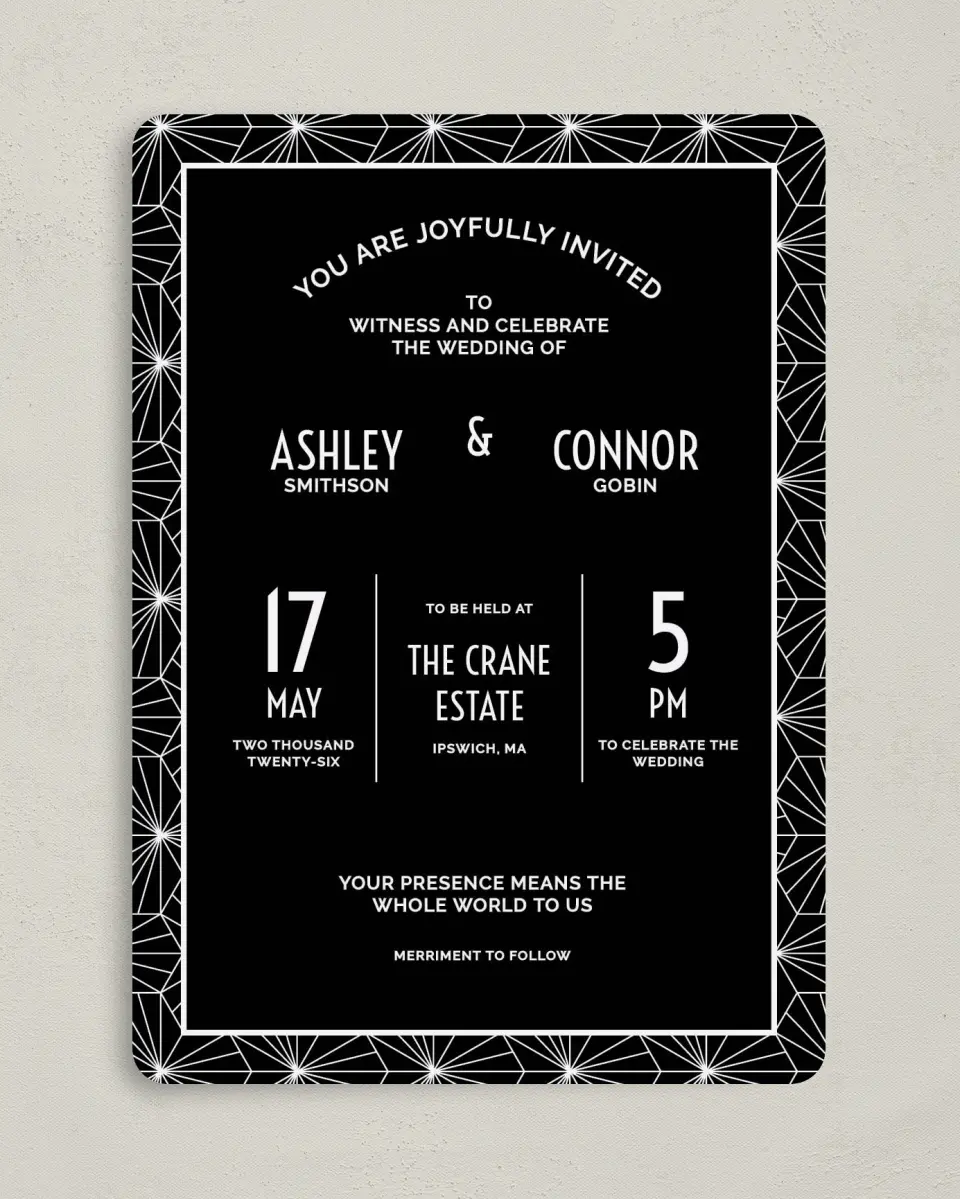 This is a 5" x 7" Rounded Wedding Invitation called Ascot Chic printed in full color on Premium Smooth paper