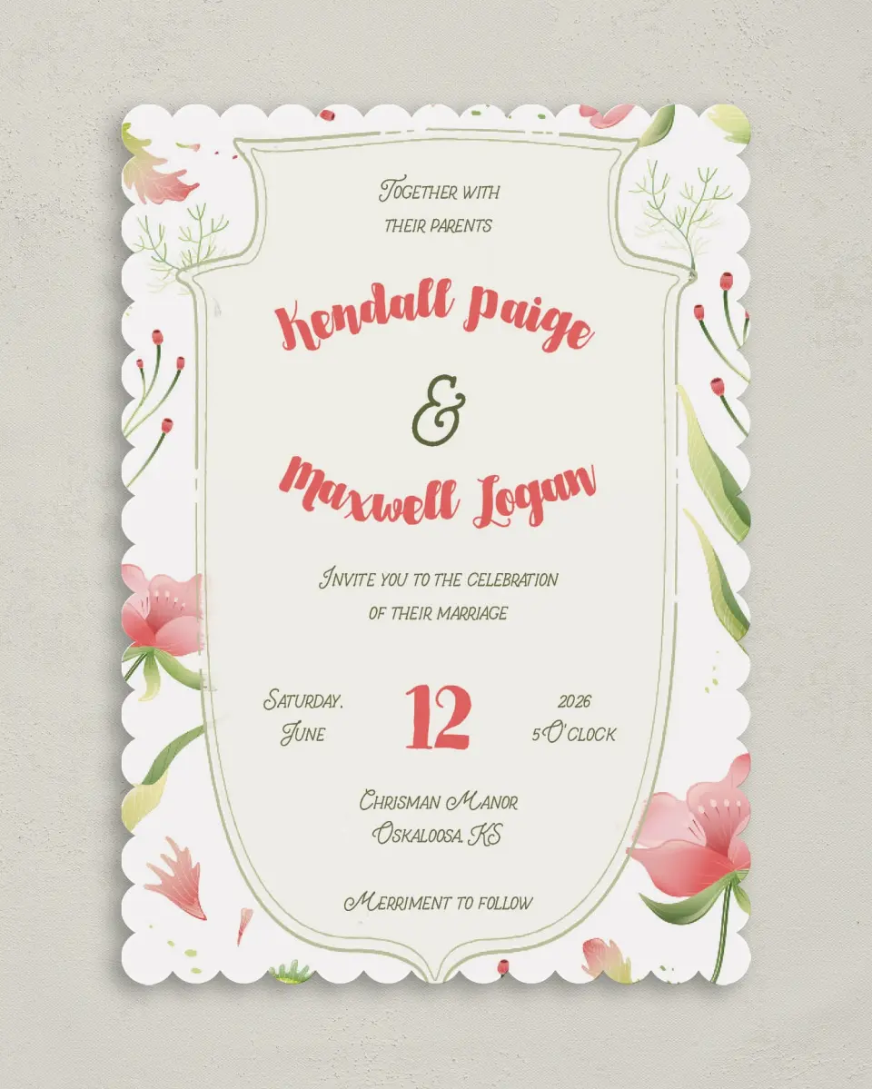 This is a 5" x 7" Classic Wedding Invitation called Floral Surroundings printed in full color on Premium Smooth paper