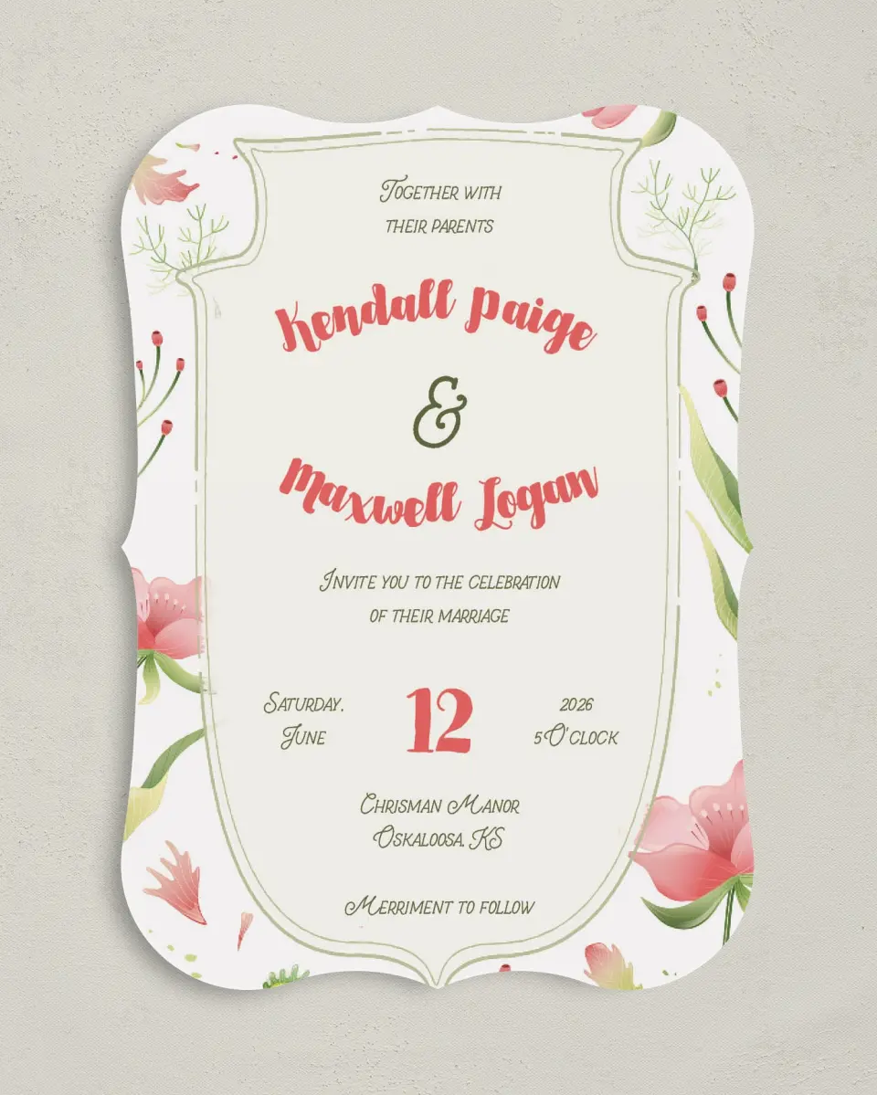 This is a 5" x 7" Bracket Wedding Invitation called Floral Surroundings printed in full color on Premium Smooth paper