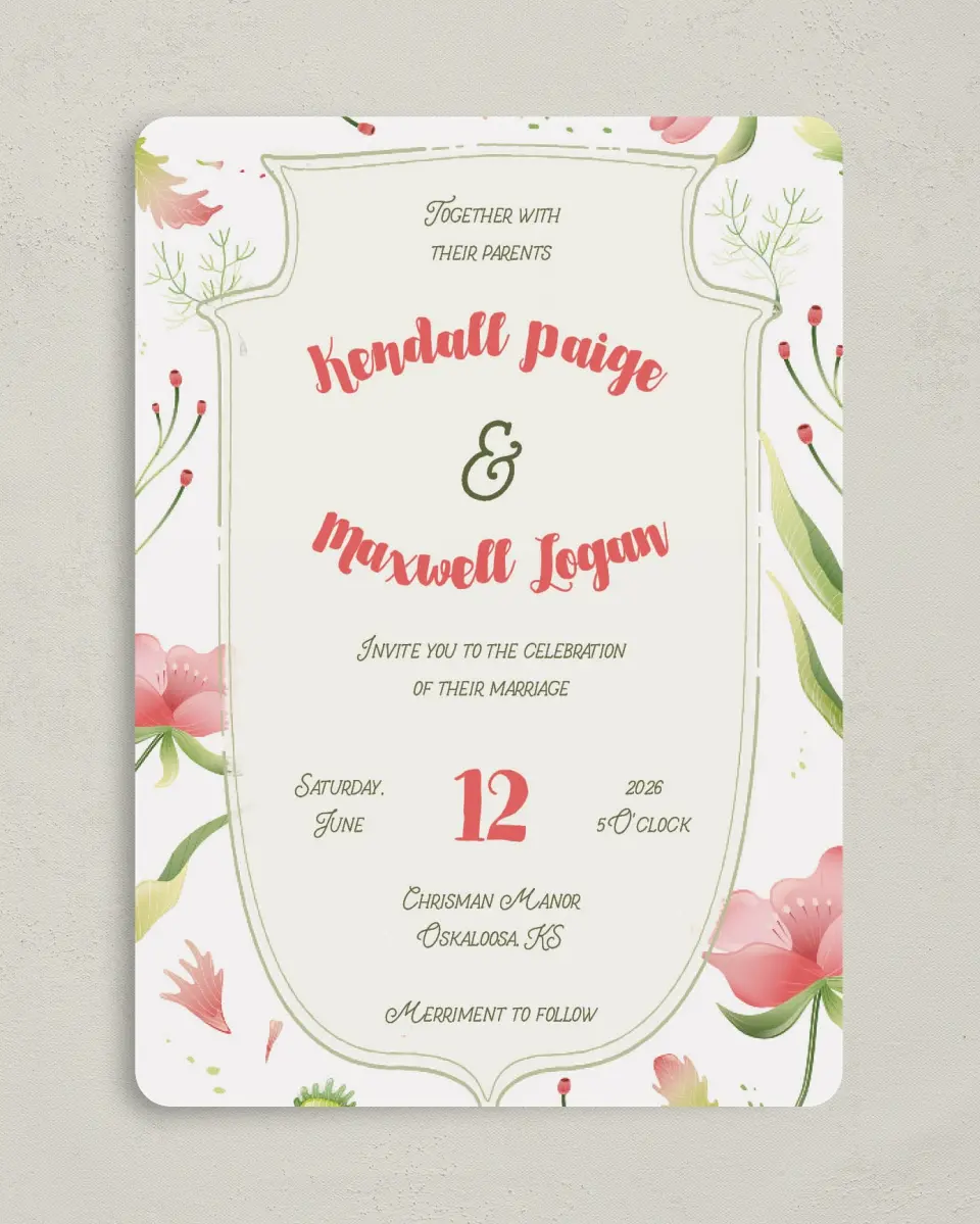 This is a 5" x 7" Rounded Wedding Invitation called Floral Surroundings printed in full color on Premium Smooth paper