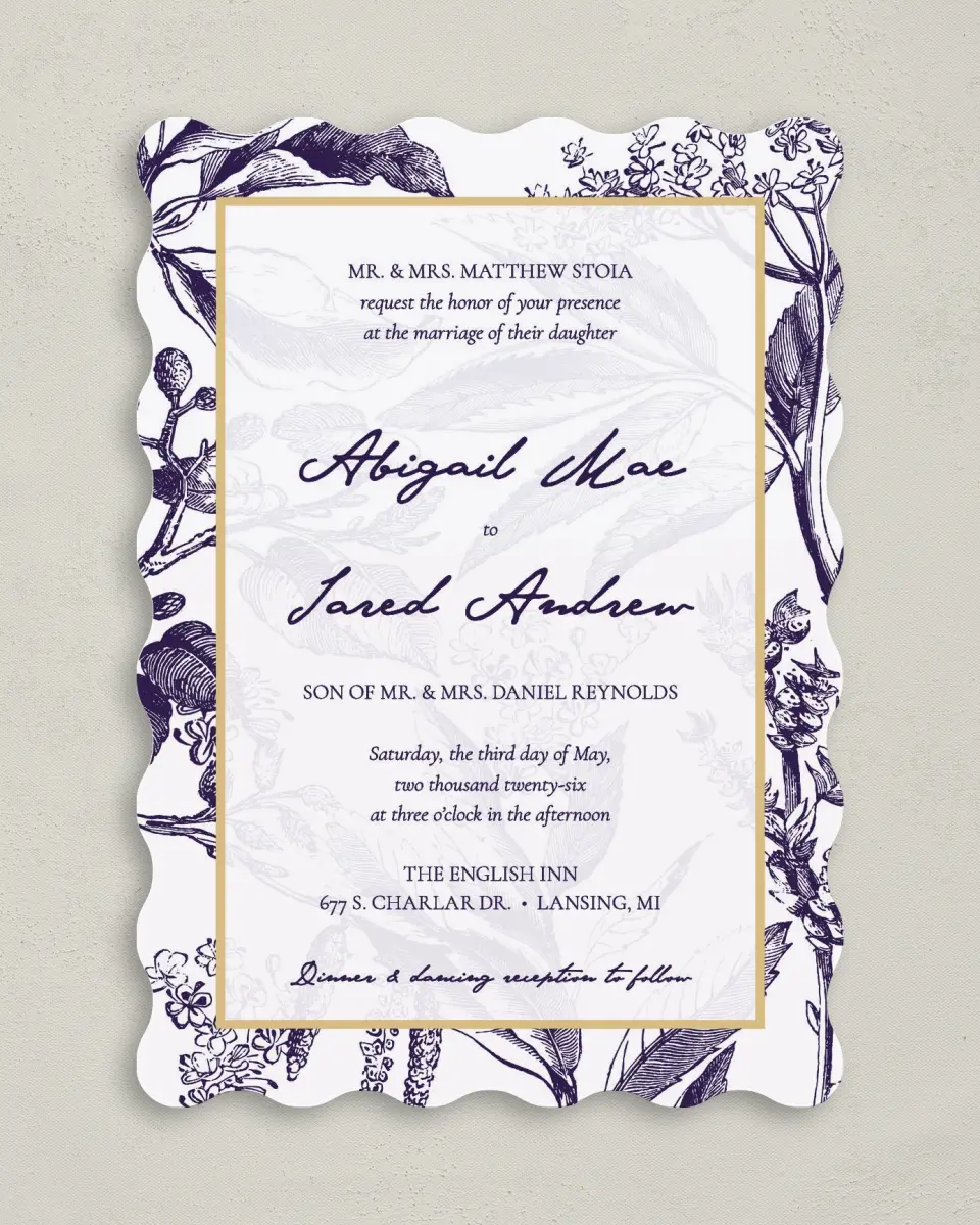 This is a 5" x 7" Wavy Wedding Invitation called Delicate Impression printed in full color on Premium Smooth paper