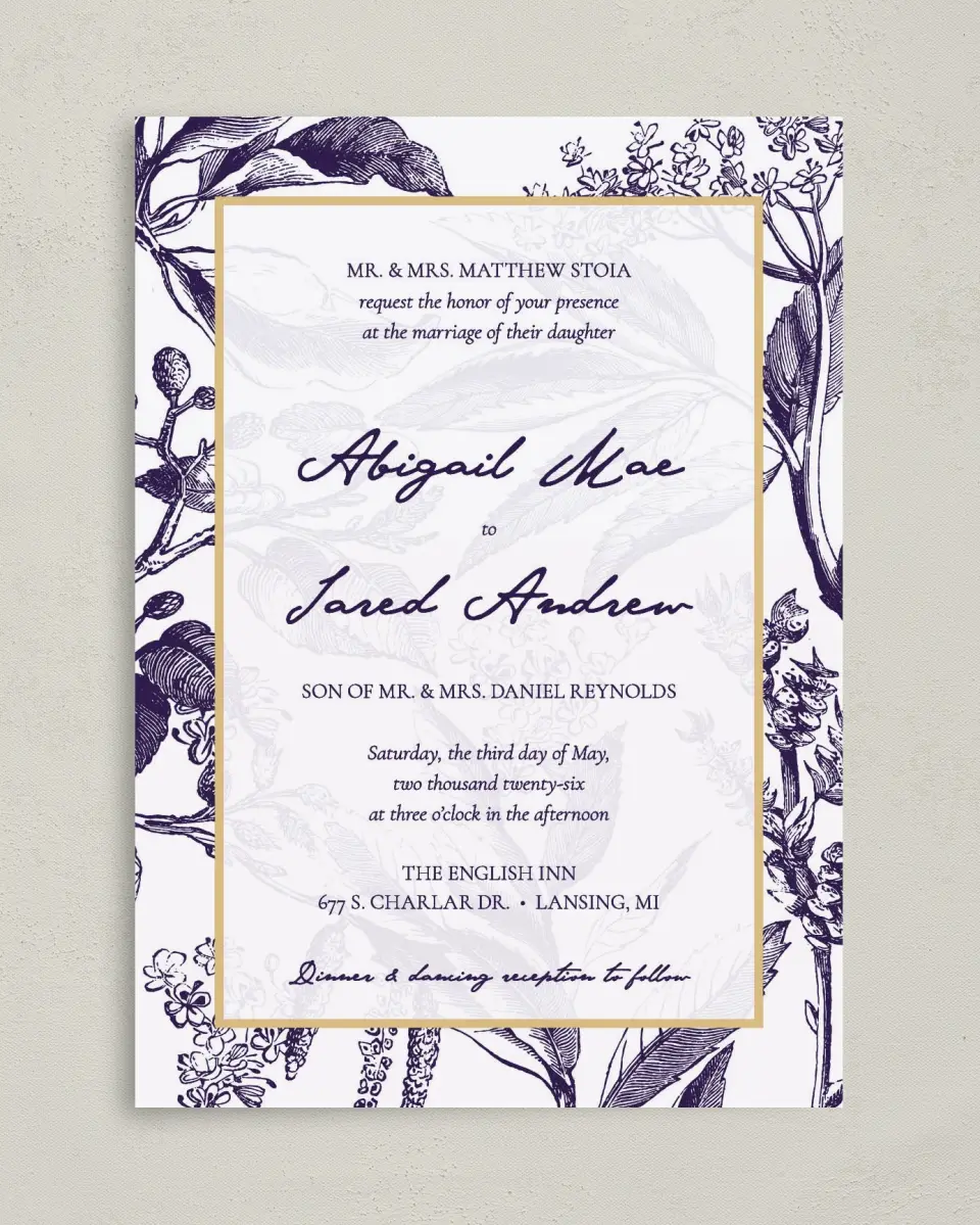 This is a 5" x 7" Classic Wedding Invitation called Delicate Impression printed in full color on Premium Smooth paper