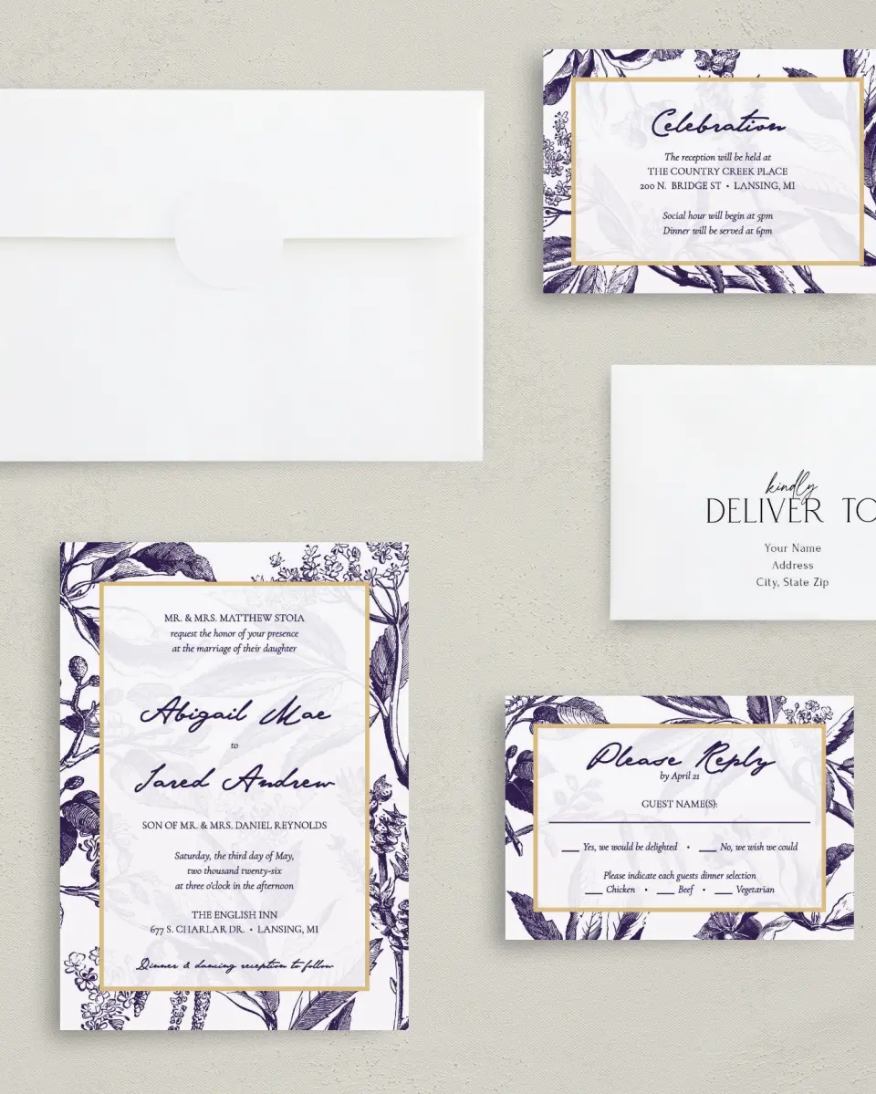 This is a 5" x 7" Classic Wedding Invitation called Delicate Impression printed in full color with Gold foil on Luxe Satin (coated) paper