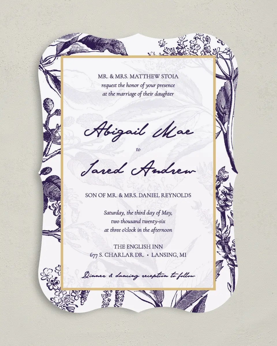 This is a 5" x 7" Bracket Wedding Invitation called Delicate Impression printed in full color with Silver foil on Luxe Satin (coated) paper