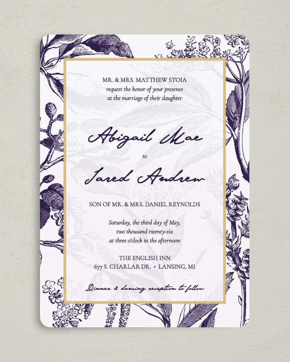 This is a 5" x 7" Rounded Wedding Invitation called Delicate Impression printed in full color on Premium Smooth paper