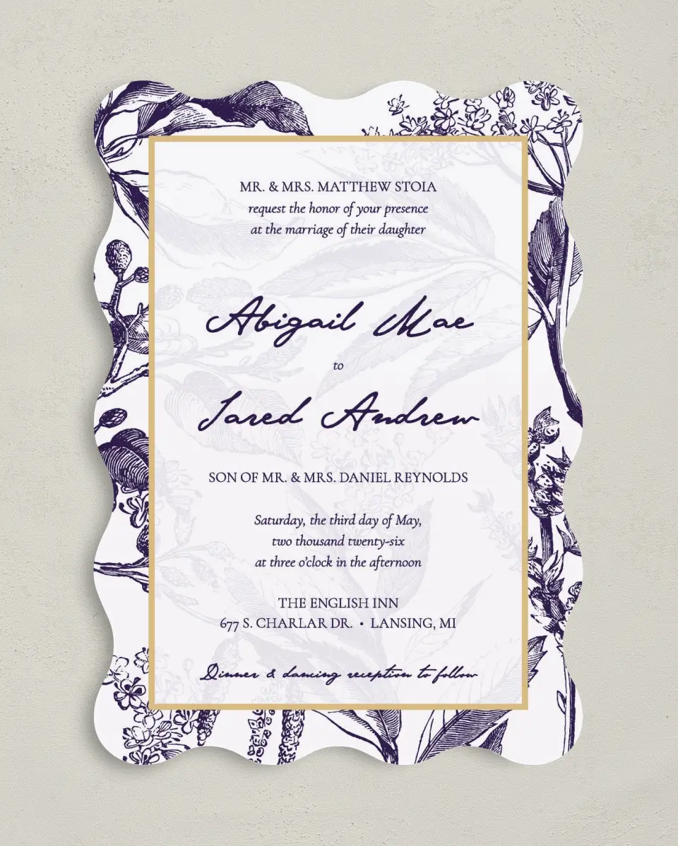 This is a 5" x 7" Wavy Wedding Invitation called Delicate Impression printed in full color on Premium Smooth paper