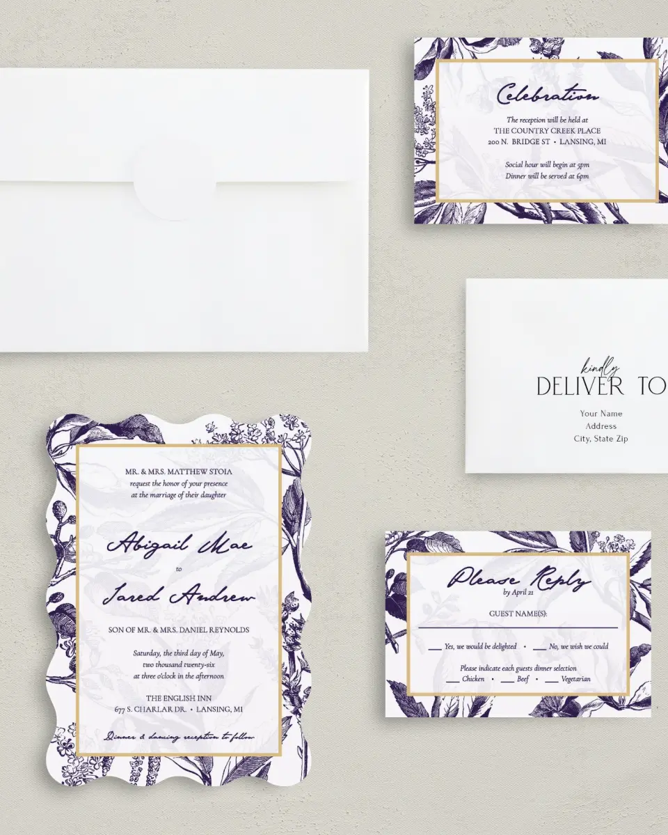 This is a 5" x 7" Wavy Wedding Invitation called Delicate Impression printed in full color with Silver foil on Luxe Satin (coated) paper