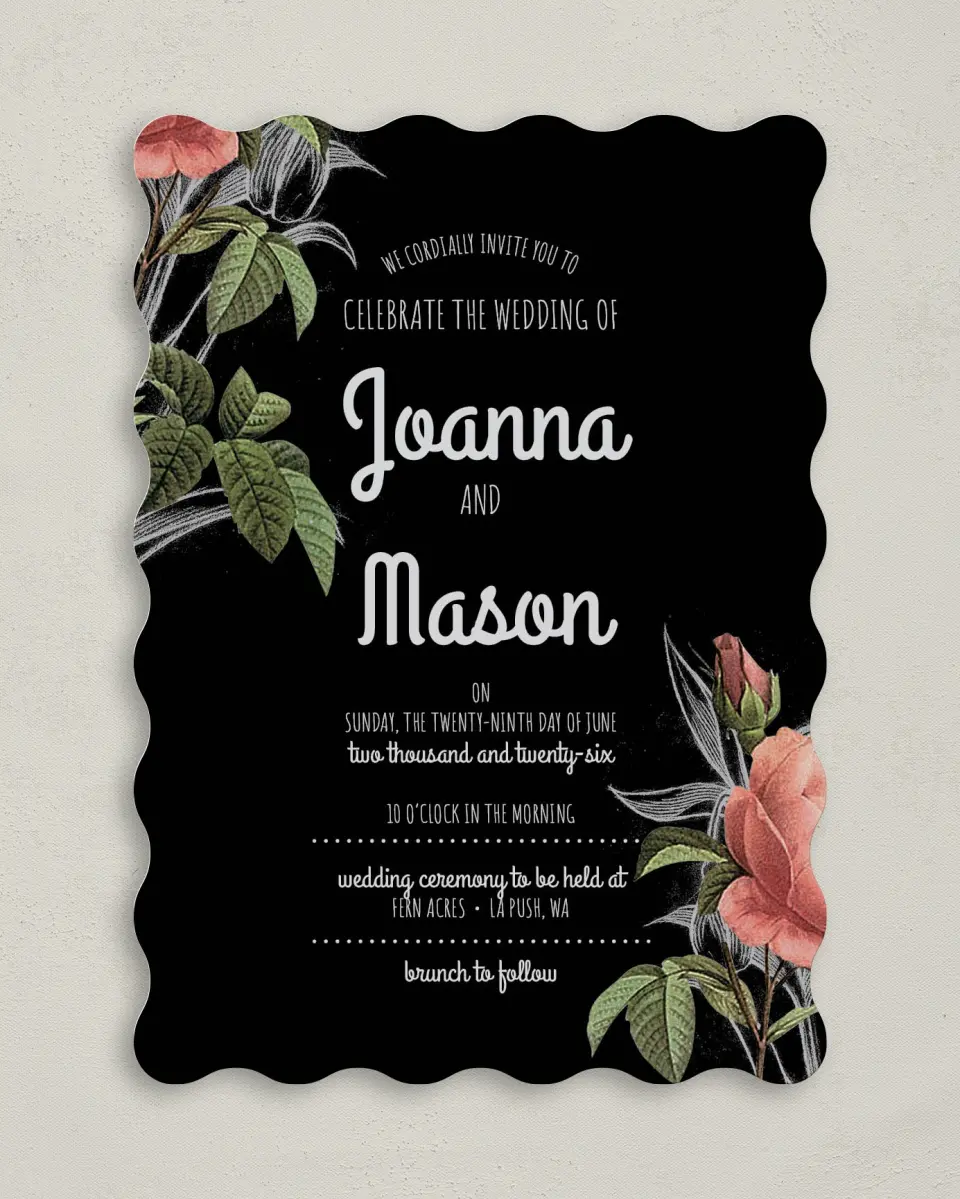 This is a 5" x 7" Wavy Wedding Invitation called Midsummer Romance printed in full color on Premium Smooth paper