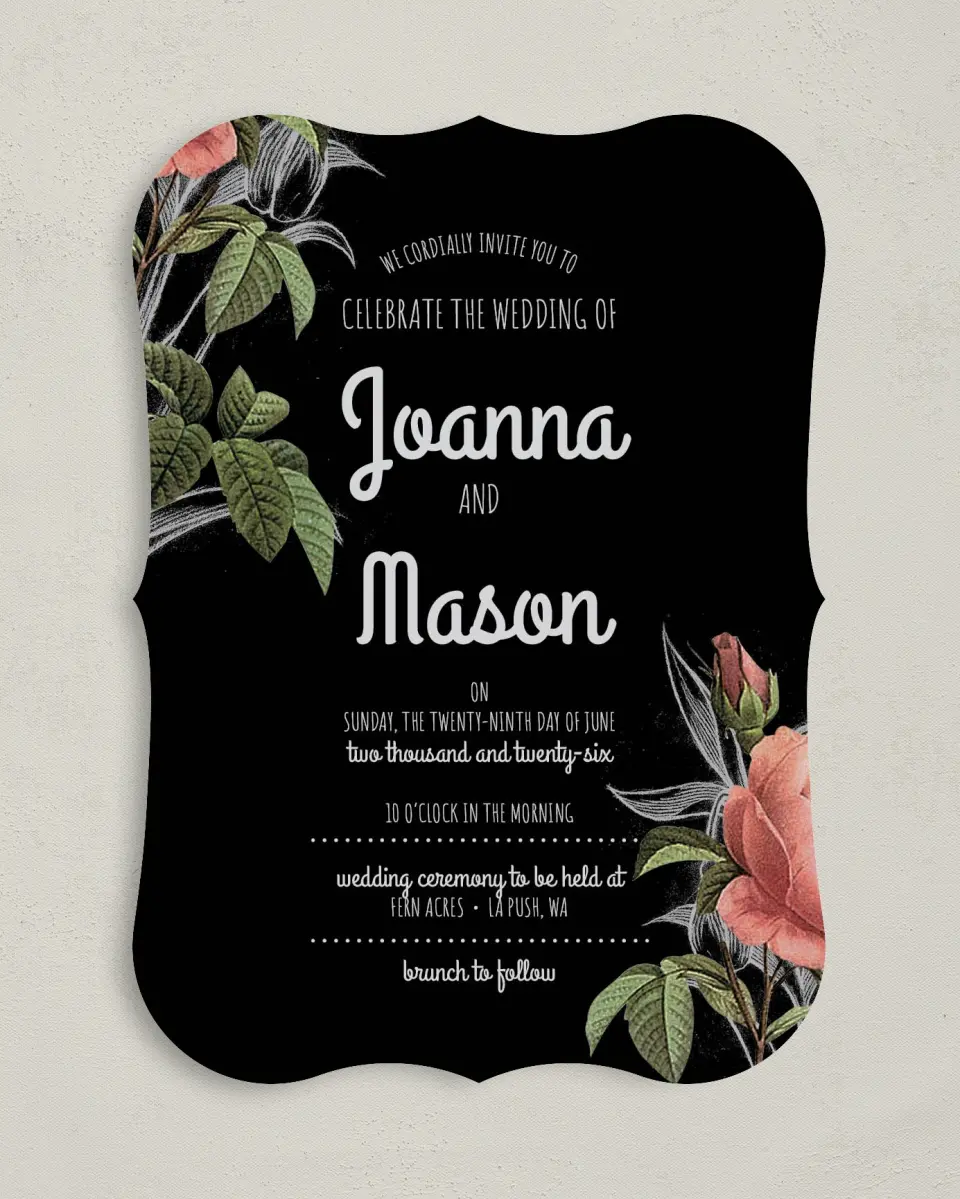 This is a 5" x 7" Bracket Wedding Invitation called Midsummer Romance printed in full color on Premium Smooth paper