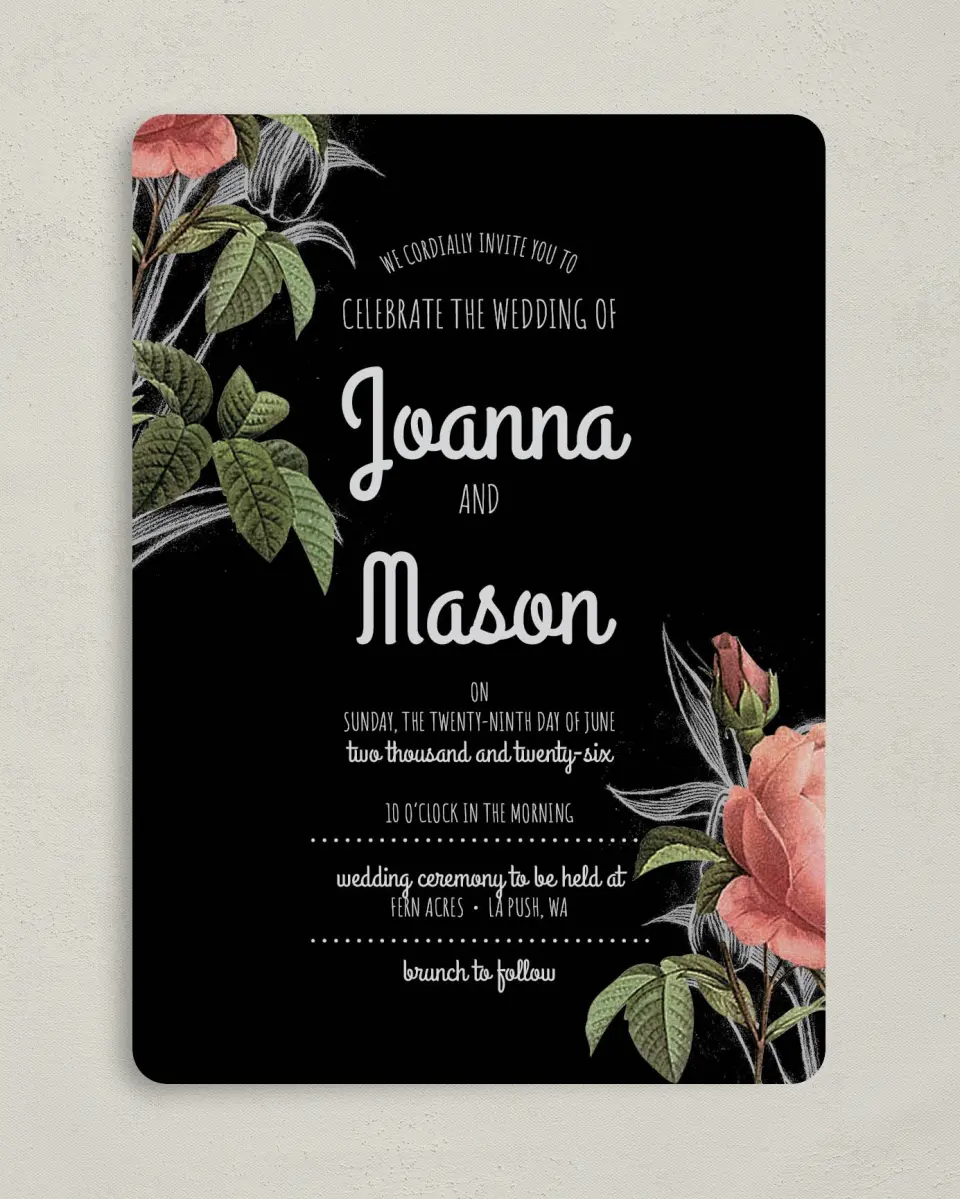 This is a 5" x 7" Rounded Wedding Invitation called Midsummer Romance printed in full color on Premium Smooth paper