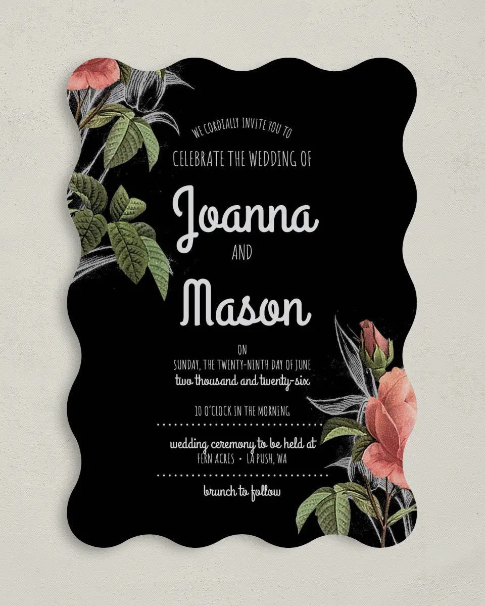 This is a 5" x 7" Wavy Wedding Invitation called Midsummer Romance printed in full color on Premium Smooth paper