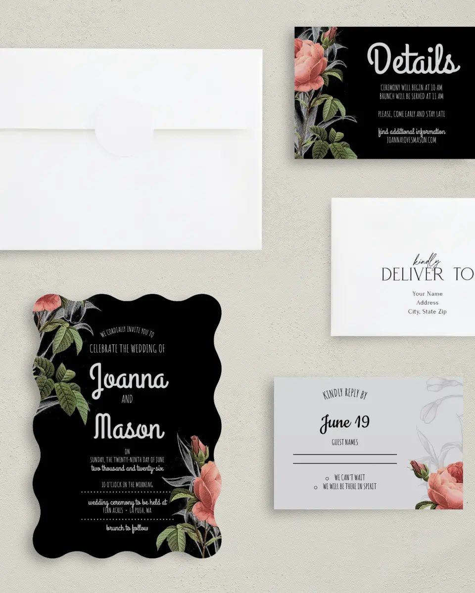 This is a 5" x 7" Wavy Wedding Invitation called Midsummer Romance printed in full color with Gold foil on Luxe Satin (coated) paper