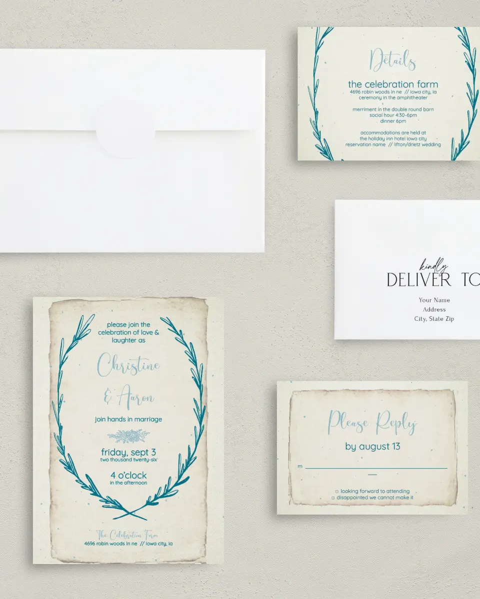 This is a 5" x 7" Classic Wedding Invitation called Rustic Charm printed in full color with Gold foil on Luxe Satin (coated) paper