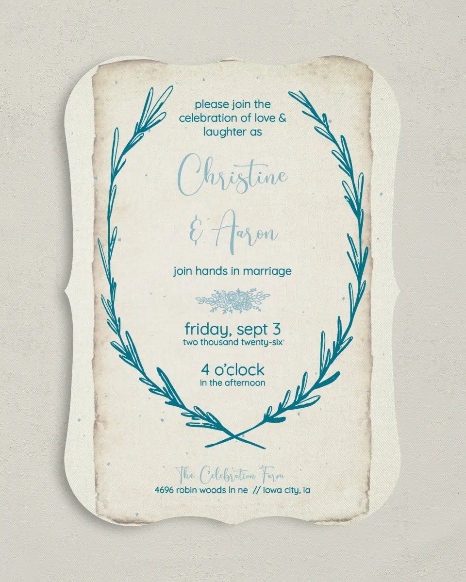 This is a 5" x 7" Bracket Wedding Invitation called Rustic Charm printed in full color on Premium Smooth paper