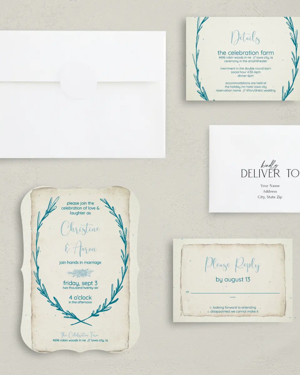This is a 5" x 7" Bracket Wedding Invitation called Rustic Charm printed in full color with Silver foil on Luxe Satin (coated) paper