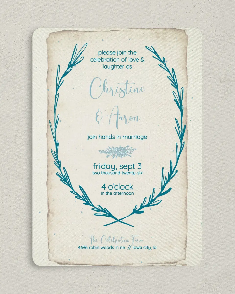 This is a 5" x 7" Rounded Wedding Invitation called Rustic Charm printed in full color on Premium Smooth paper