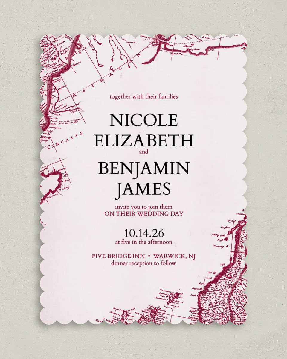 This is a 5" x 7" Classic Wedding Invitation called Vintage Map printed in full color on Premium Smooth paper