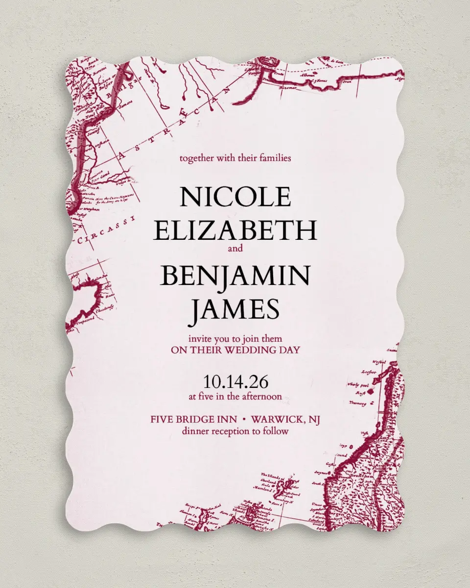 This is a 5" x 7" Wavy Wedding Invitation called Vintage Map printed in full color on Premium Smooth paper
