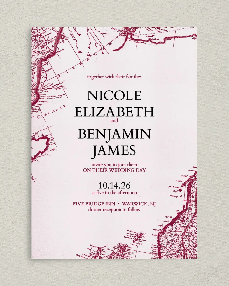 This is a 5" x 7" Classic Wedding Invitation called Vintage Map printed in full color on Premium Smooth paper