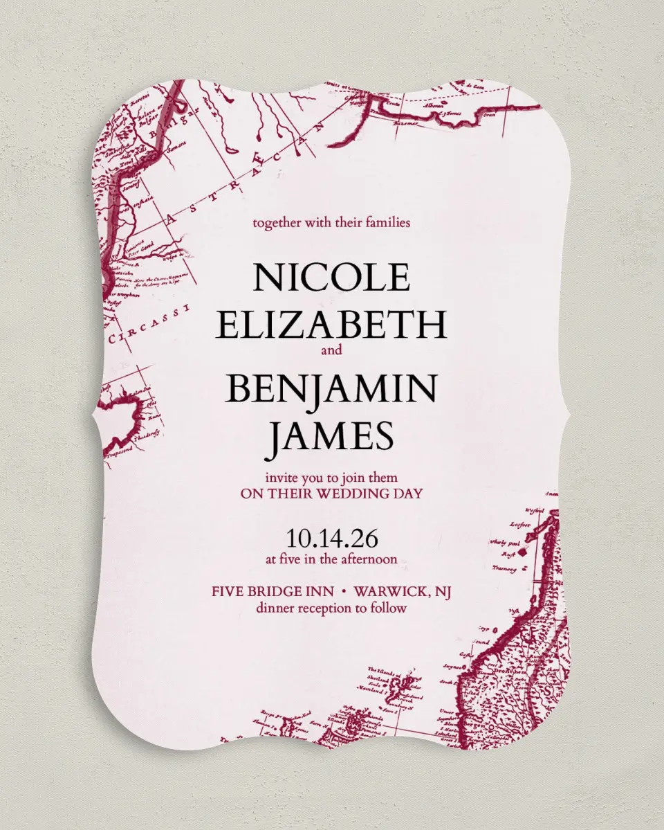This is a 5" x 7" Bracket Wedding Invitation called Vintage Map printed in full color on Premium Smooth paper
