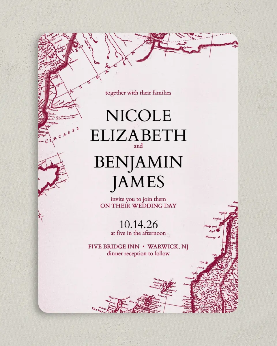 This is a 5" x 7" Rounded Wedding Invitation called Vintage Map printed in full color on Premium Smooth paper