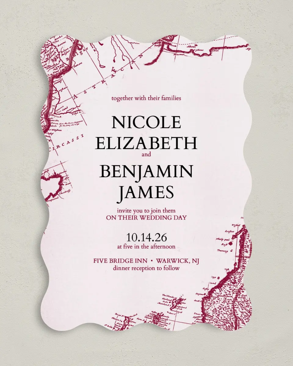 This is a 5" x 7" Wavy Wedding Invitation called Vintage Map printed in full color on Premium Smooth paper