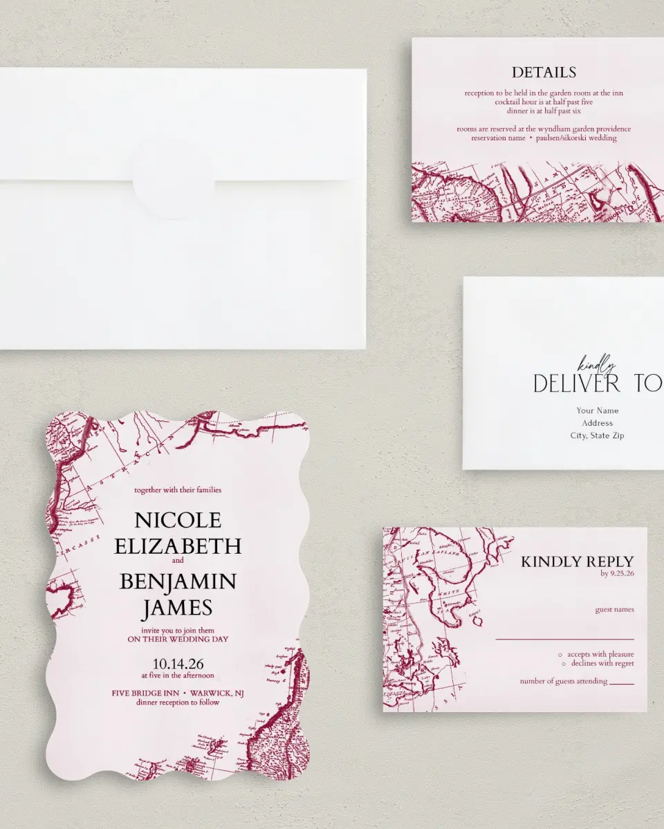 This is a 5" x 7" Wavy Wedding Invitation called Vintage Map printed in full color with Gold foil on Luxe Satin (coated) paper