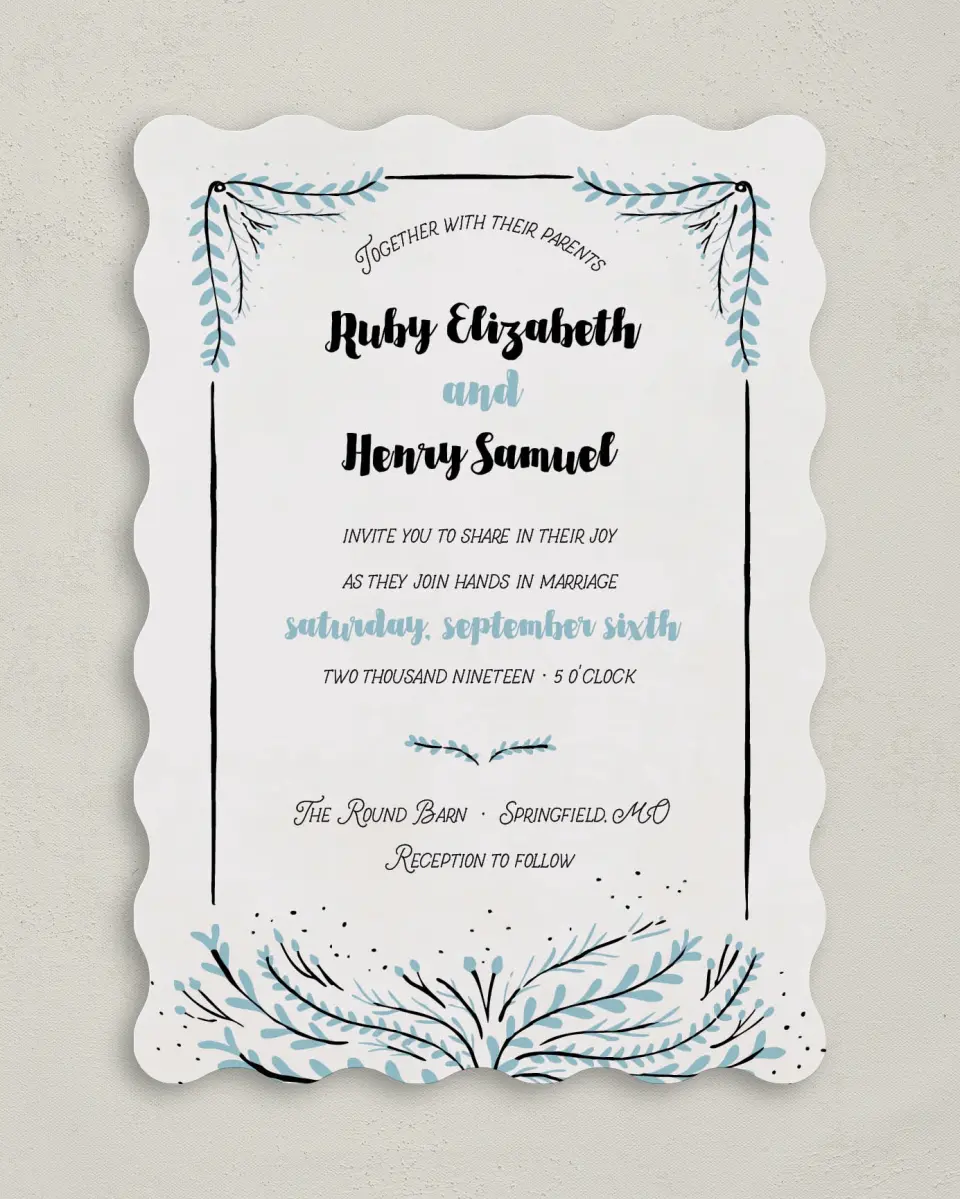 This is a 5" x 7" Wavy Wedding Invitation called Sweet Sentiment printed in full color on Premium Smooth paper