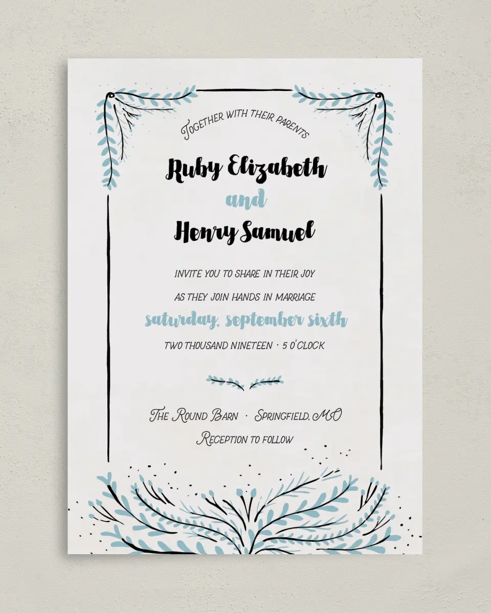 This is a 5" x 7" Classic Wedding Invitation called Sweet Sentiment printed in full color with Gold foil on Luxe Satin (coated) paper