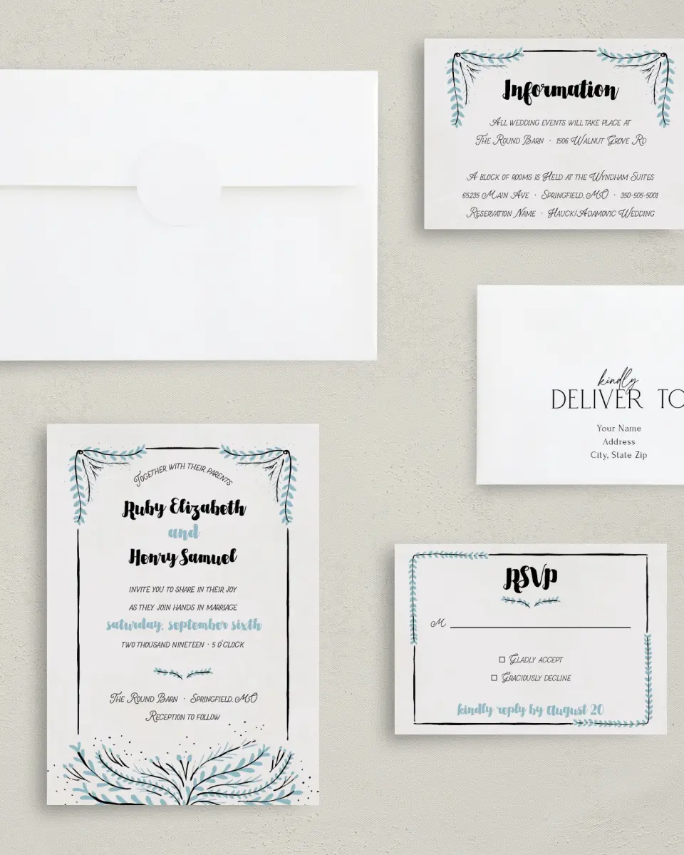 This is a 5" x 7" Classic Wedding Invitation called Sweet Sentiment printed in full color with Gold foil on Luxe Satin (coated) paper